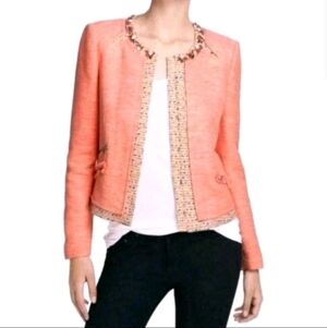 McGinn Maria Tweed Blazer Jacket with Jeweled Neckline Size 8 in Coral/Salmon